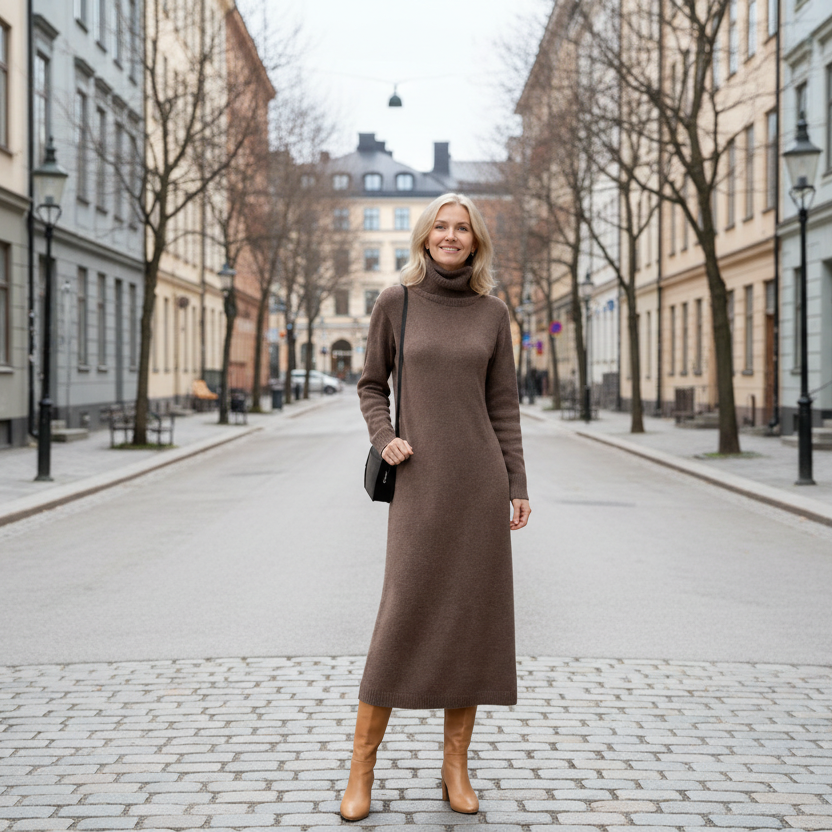 Freja | Afslappet Rullekrave Strik Maxikjole